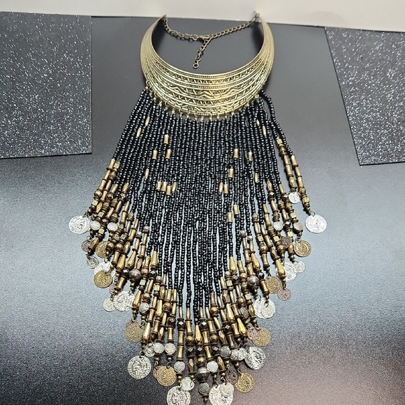 Gold-tone and Black Beaded Necklace With Coin Like Fringe - Picture 6 of 7